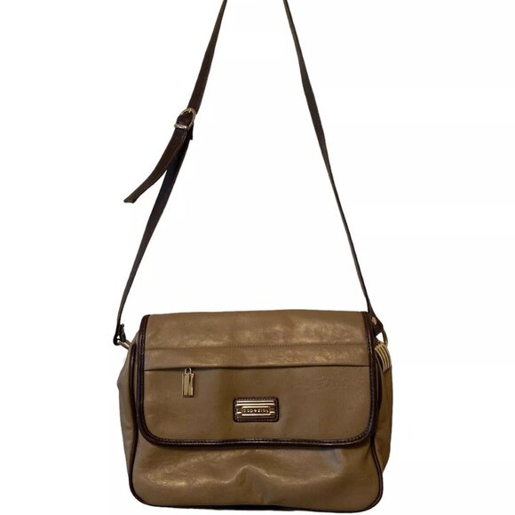 Capezio 2 Tone Tan Brown Shoulder Hand Bag Purse Gold Tone Hardware Faux Leather - Picture 1 of 5